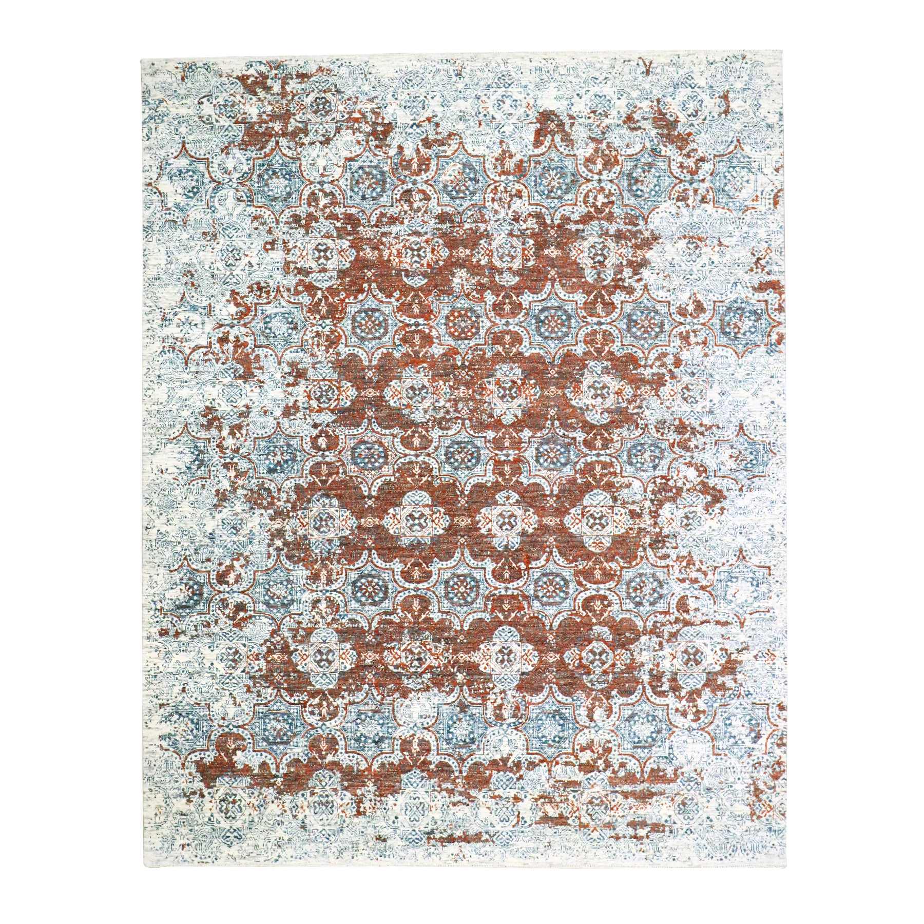 8'x10' Rust Red, Erased Rosettes Design, Tone on Tone, Hand Knotted, 100% Wool, Dense Weave, Oriental Rug 